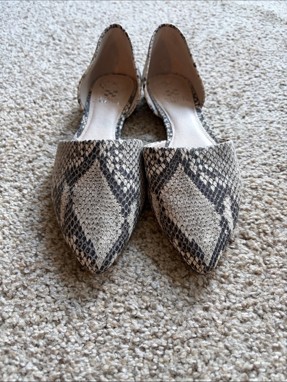 Vince Camuto Snake-Print Pointed D'Orsay Flats in Black and Cream -Leather upper